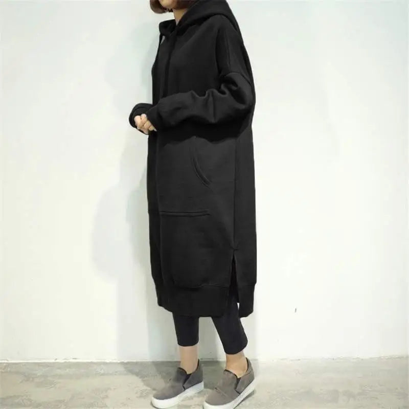 Women Loose Long Hoodie Casual Solid Color Hooded Sweatshirts Student's Autumn Winter Baggy Pullover Oversized Sweatshirt Dress - STEVVEX Fashion - 722, Autumn Hoodie, baggy hoodie, casual clothes, clothes, Hoodie, long hoodie, loose long hoodie, Oversized Hoodie, Pullover, sweatshirt, Sweatshirt Dress, Winter Hoodie, women clothes, women hoodie - Stevvex.com