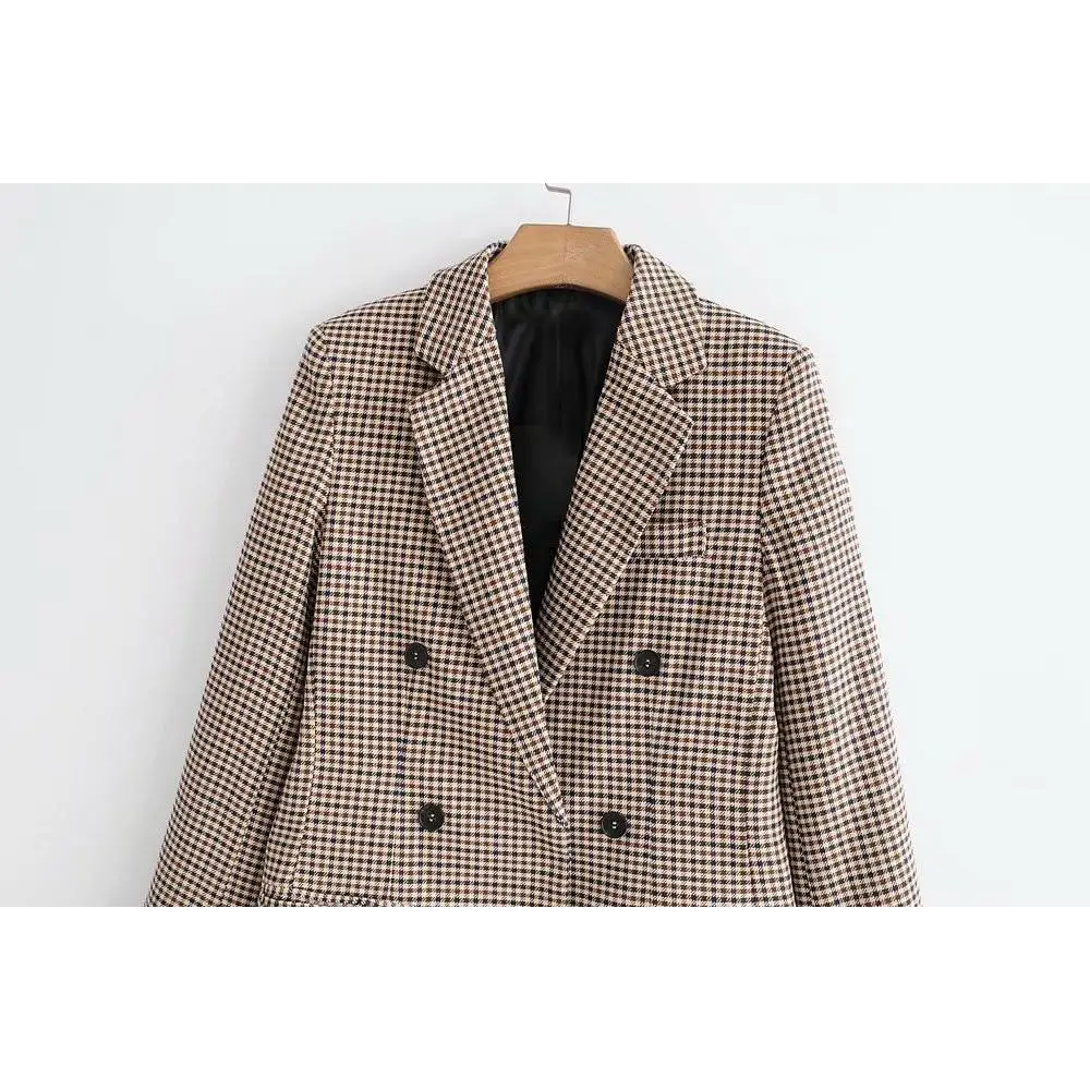 Women’s Fashionable Office Wear Double Breasted Plaid Blazer Coat Vintage Long Sleeve Pockets Female Outerwear Chic