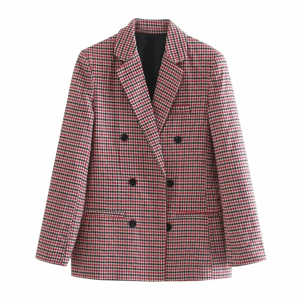 Women’s Fashionable Office Wear Double Breasted Plaid Blazer Coat Vintage Long Sleeve Pockets Female Outerwear Chic