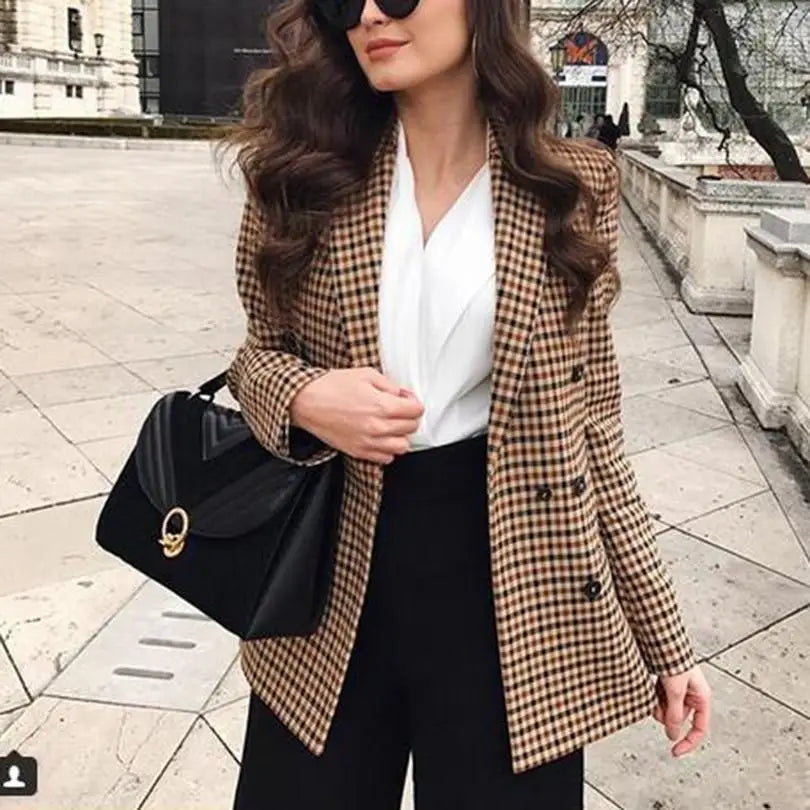 Women’s Fashionable Office Wear Double Breasted Plaid Blazer Coat Vintage Long Sleeve Pockets Female Outerwear Chic