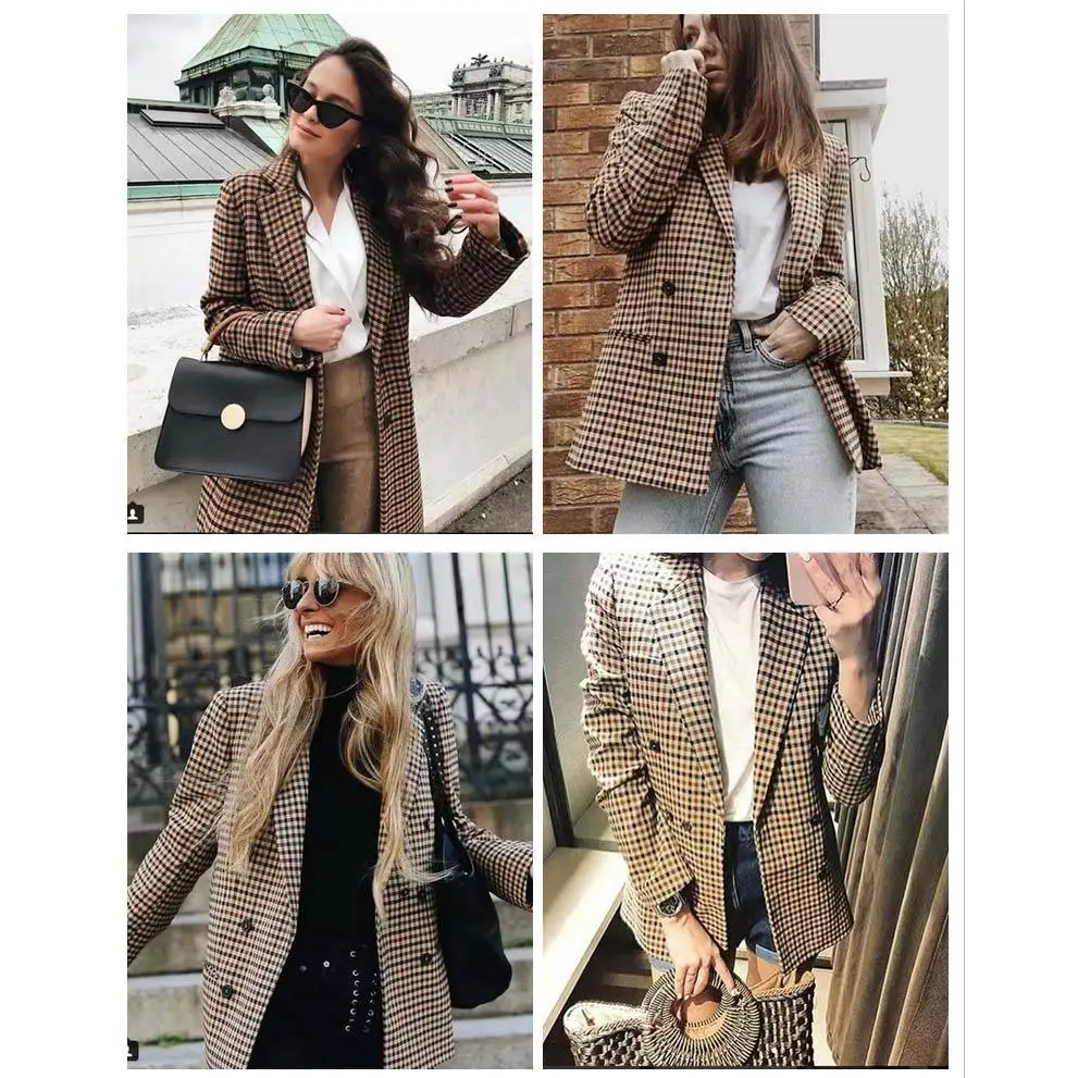 Women’s Fashionable Office Wear Double Breasted Plaid Blazer Coat Vintage Long Sleeve Pockets Female Outerwear Chic