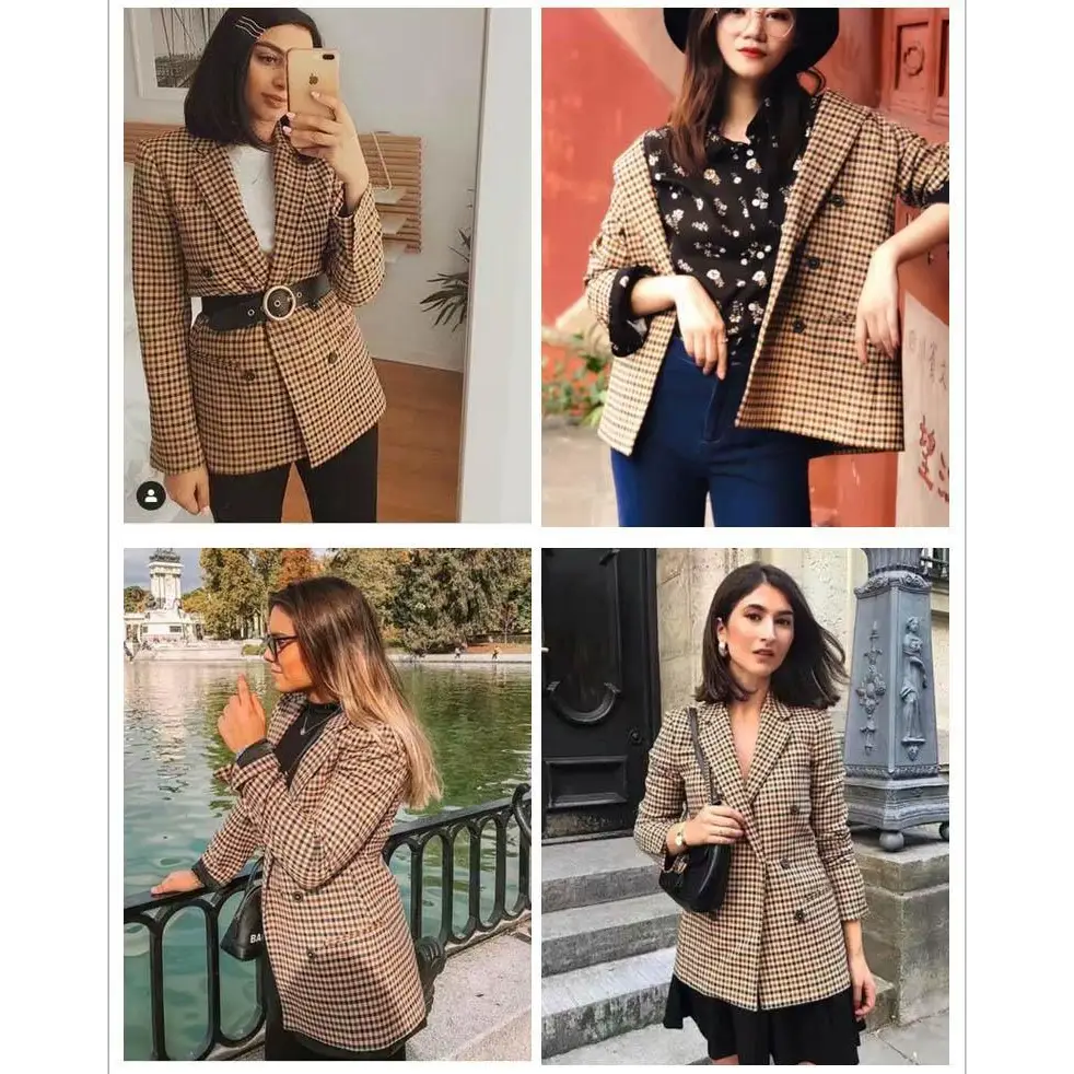 Women’s Fashionable Office Wear Double Breasted Plaid Blazer Coat Vintage Long Sleeve Pockets Female Outerwear Chic