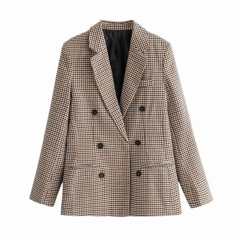 Women’s Fashionable Office Wear Double Breasted Plaid Blazer Coat Vintage Long Sleeve Pockets Female Outerwear Chic