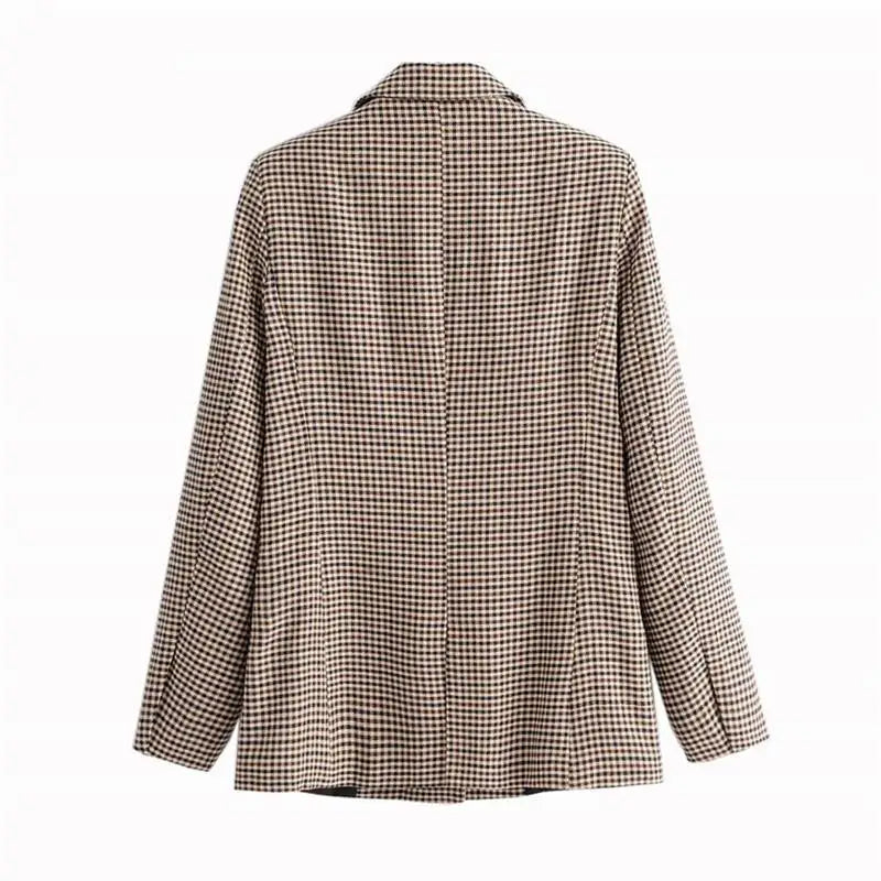 Women’s Fashionable Office Wear Double Breasted Plaid Blazer Coat Vintage Long Sleeve Pockets Female Outerwear Chic