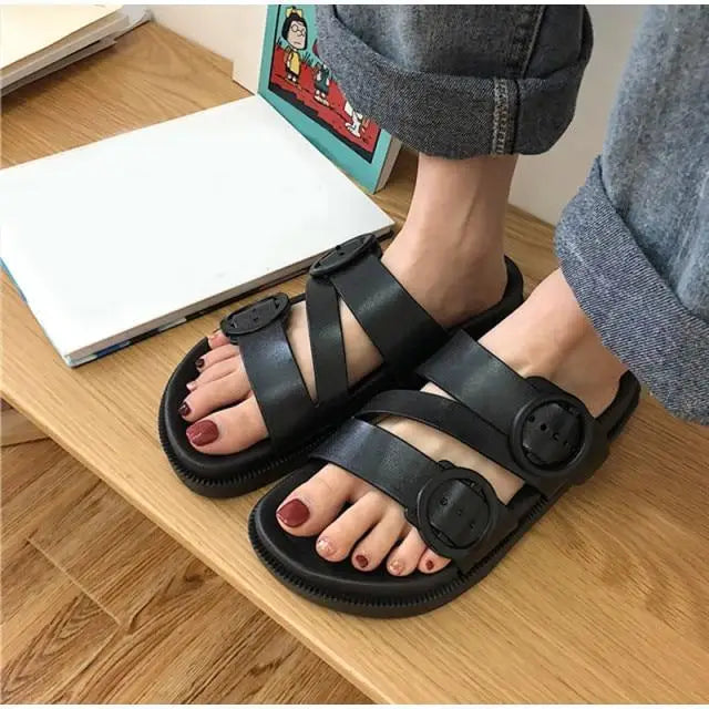 Womens Black Buckle Sandals Soft Casual Thick Comfort Fashion Stylish Design Women Sandals - ALLURELATION - 502, Beach Sandals, Black Sandals, Buckle Strap, Buckle Strap Sandals, Elastic Sandals, Elegant Sandals, Exclusive Womens Sandals, Sandals, Strong Sandals, Stylish Sandals, Summer Sandals, Women Sandals, Womens Sandals - Stevvex.com