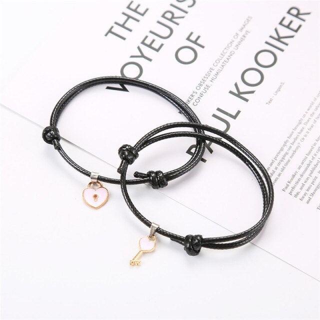 1 Pair Couple Bracelet Alloy Key Heart Lock Charm Bracelet Handmade Rope Bracelet Lock Key Pedant Bracelet Set Black Weave Rope Love Heart Lock Key Adjustable Bracelet For Womens