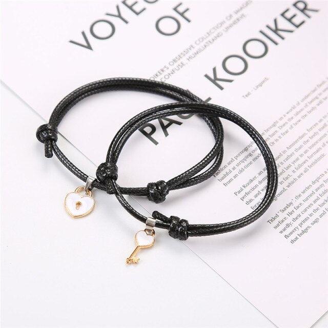 1 Pair Couple Bracelet Alloy Key Heart Lock Charm Bracelet Handmade Rope Bracelet Lock Key Pedant Bracelet Set Black Weave Rope Love Heart Lock Key Adjustable Bracelet For Womens