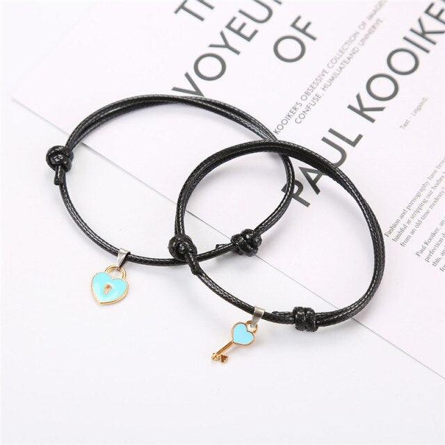 1 Pair Couple Bracelet Alloy Key Heart Lock Charm Bracelet Handmade Rope Bracelet Lock Key Pedant Bracelet Set Black Weave Rope Love Heart Lock Key Adjustable Bracelet For Womens