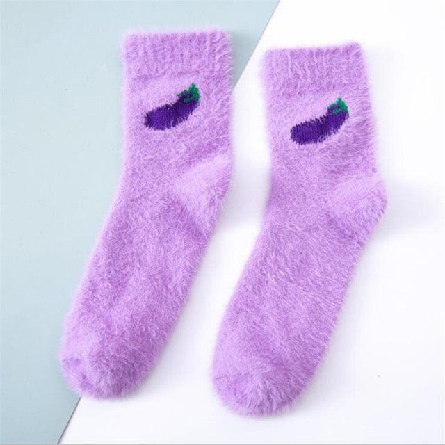 1 pairs Thermal Fluffy Socks Autumn-Winter New Year Socks New Fashion Warm Avocado Cherry Eggplant Socks Warm Ankle Socks Winter Socks For Men And Women