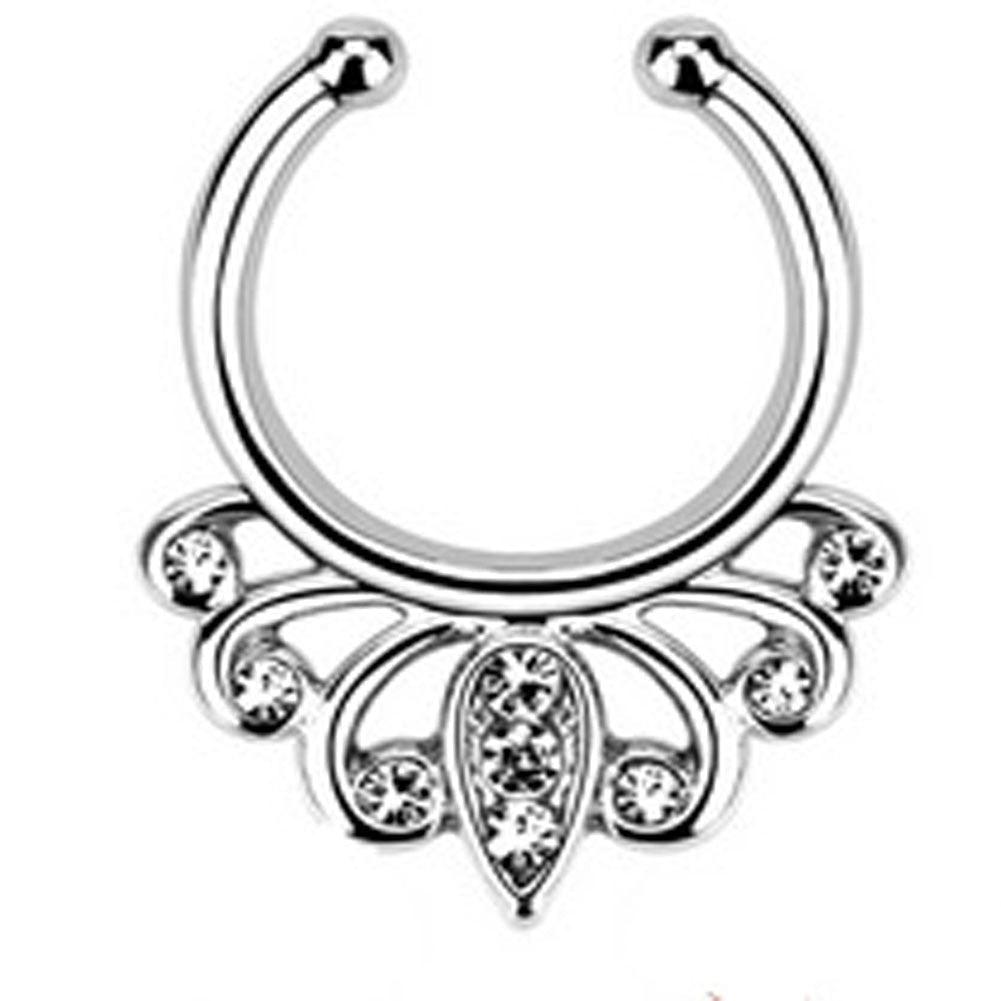 1 Pcs Stainless Steel Fake Nose Ring Clip On Septum Piercing Faux Hoop Nose Ring Nose Punk Body Cartilage Tragus Ring Body Jewelry Fake Crystal Nose Piercing Body Jewelry Floral Nose Hoop Nostril Nose Ring Piercing Jewelry