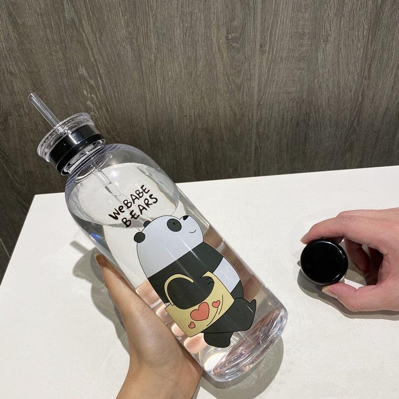 1000ml Water Bottles Cute Panda Bear Cup With Straw Transparent Cartoon Water Bottle Drinkware Frosted Cup Leak-proof  Plastic Straw Cartoon Frosted Leak Proof Panda Bear Pattern Transparent Water Cup Sports Drink Water Bottle