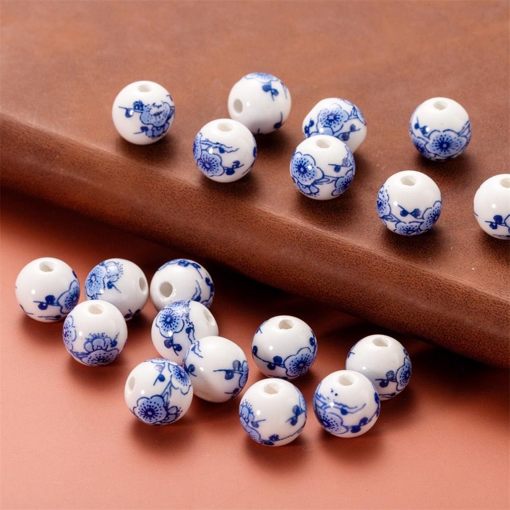 10Pcs/Lot 11mm Flower Patterns Round Ceramic Porcelain Spacer Loose Beads for Bracelet Earrings Jewelry Making Accessories Big Large Hole Ceramic Beads Flower Blue and White Porcelain Beads Jewelry Making