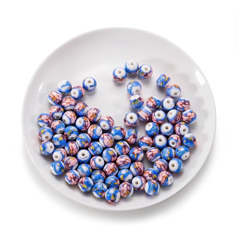 10Pcs/Lot 11mm Flower Patterns Round Ceramic Porcelain Spacer Loose Beads for Bracelet Earrings Jewelry Making Accessories Big Large Hole Ceramic Beads Flower Blue and White Porcelain Beads Jewelry Making