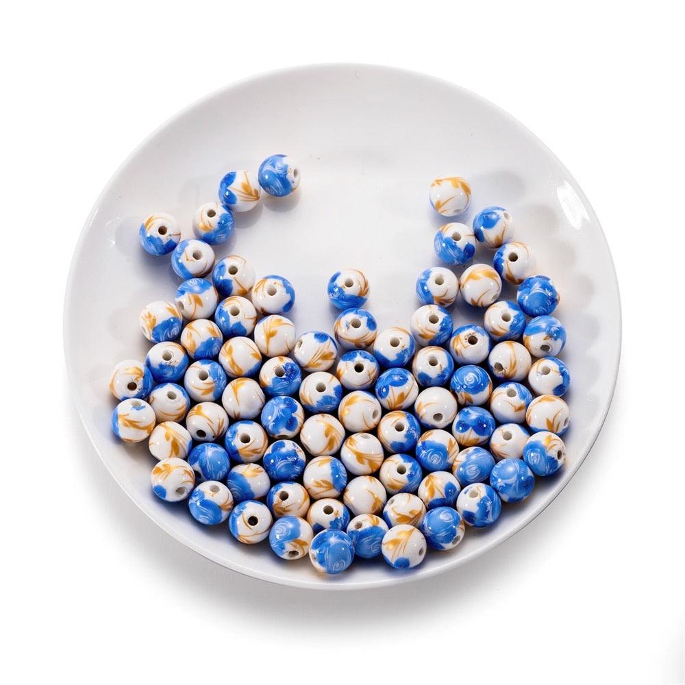 10Pcs/Lot 11mm Flower Patterns Round Ceramic Porcelain Spacer Loose Beads for Bracelet Earrings Jewelry Making Accessories Big Large Hole Ceramic Beads Flower Blue and White Porcelain Beads Jewelry Making