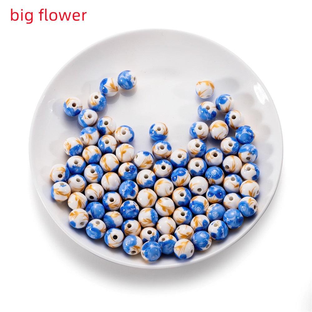 10Pcs/Lot 11mm Flower Patterns Round Ceramic Porcelain Spacer Loose Beads for Bracelet Earrings Jewelry Making Accessories Big Large Hole Ceramic Beads Flower Blue and White Porcelain Beads Jewelry Making