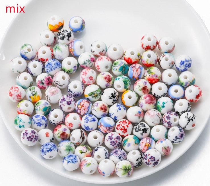 10Pcs/Lot 11mm Flower Patterns Round Ceramic Porcelain Spacer Loose Beads for Bracelet Earrings Jewelry Making Accessories Big Large Hole Ceramic Beads Flower Blue and White Porcelain Beads Jewelry Making