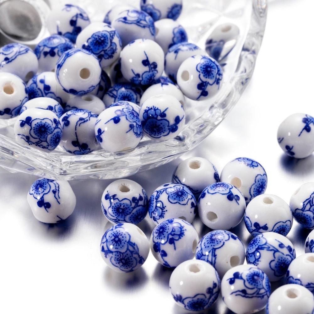 10Pcs/Lot 11mm Flower Patterns Round Ceramic Porcelain Spacer Loose Beads for Bracelet Earrings Jewelry Making Accessories Big Large Hole Ceramic Beads Flower Blue and White Porcelain Beads Jewelry Making