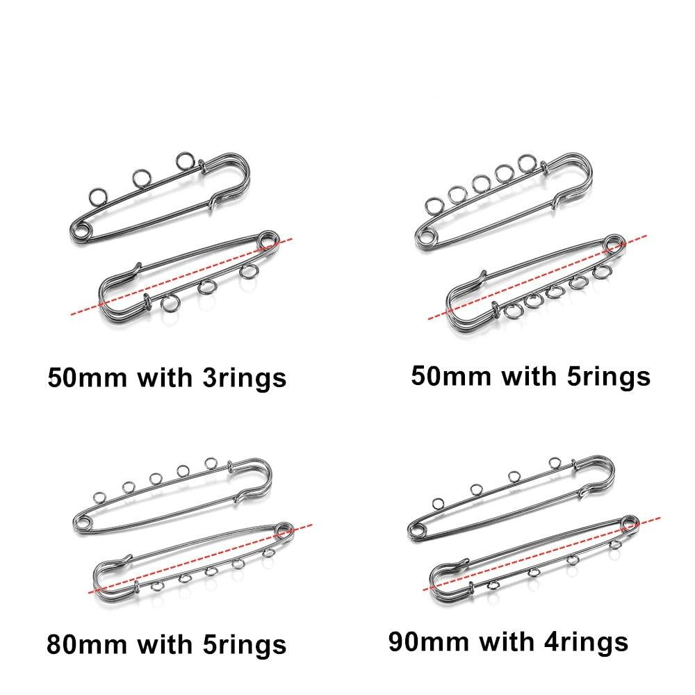 10pcs/lot Safety Pins Brooch Blank Base Brooch Pins 50/80/90mm Pins 3/5 Rings Jewelry Pin for Jewelry Making Women's Brooch Pins Pullover Scarf Clips Stainless Steel Heavy Duty Safety Pin