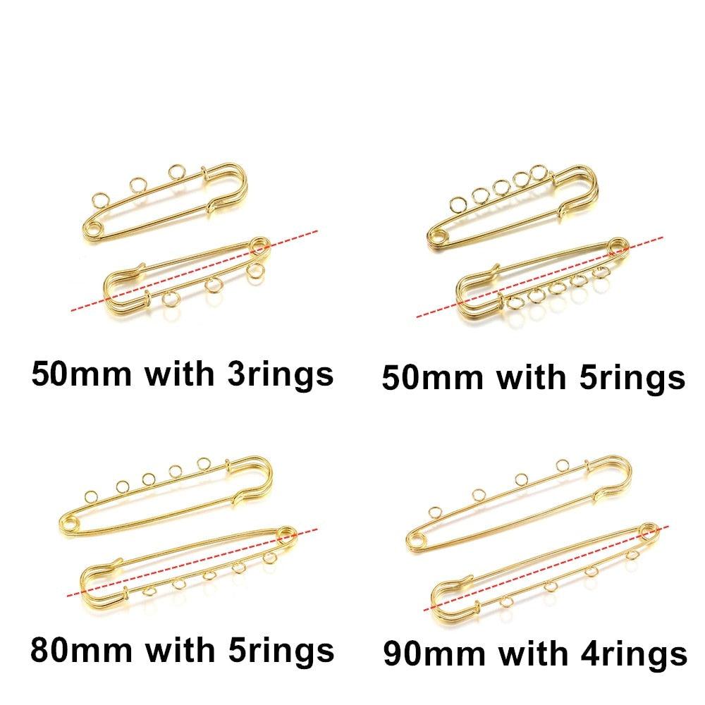 10pcs/lot Safety Pins Brooch Blank Base Brooch Pins 50/80/90mm Pins 3/5 Rings Jewelry Pin for Jewelry Making Women's Brooch Pins Pullover Scarf Clips Stainless Steel Heavy Duty Safety Pin