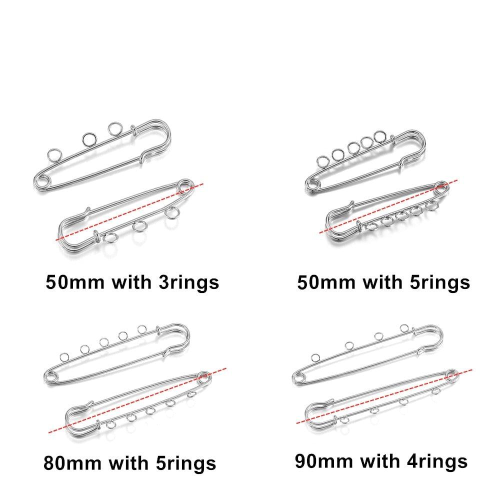 10pcs/lot Safety Pins Brooch Blank Base Brooch Pins 50/80/90mm Pins 3/5 Rings Jewelry Pin for Jewelry Making Women's Brooch Pins Pullover Scarf Clips Stainless Steel Heavy Duty Safety Pin