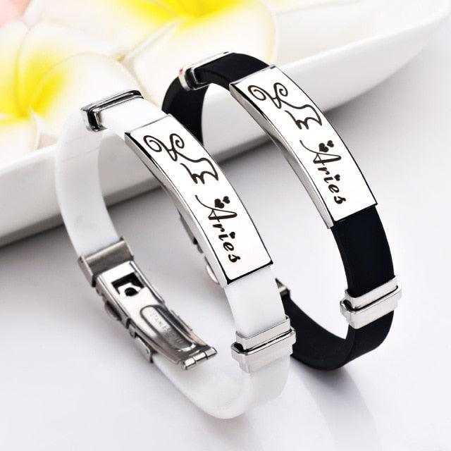 12 Signs Stainless Steel Bracelets Women Rubber Charm Zodiac Casual Personality Cuff Bracelets Charm Friendship Silicone Stainless Bracelet For Teen Girls Best Friend Jewelry