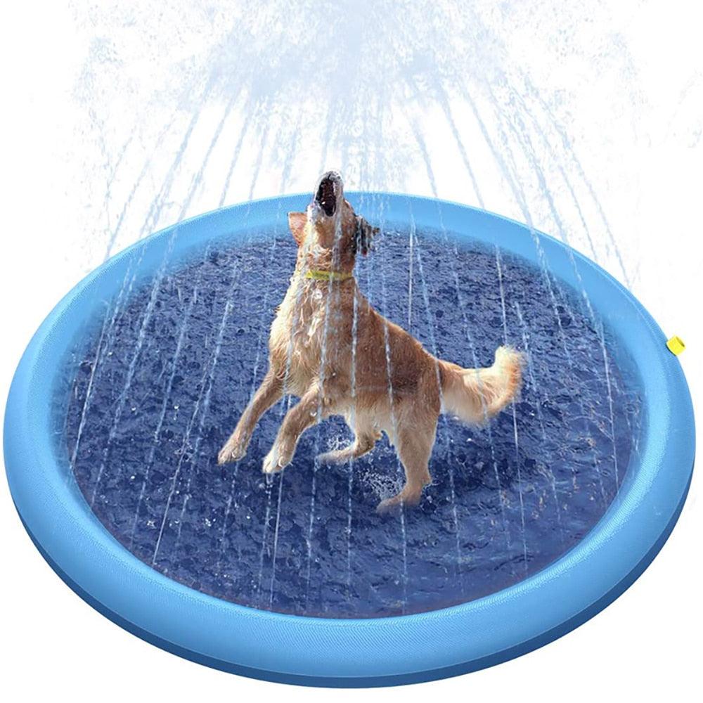 150cm Pet Play Water Spray Splash Mat Inflatable Sprinkler Cushion Pads Outdoor Garden Fountain Toy Tub Swimming Pool for Kids And Dog Portable Inflatable Water Toy Paddling Pools for Pets Inflatable Splash Sprinkler Pad