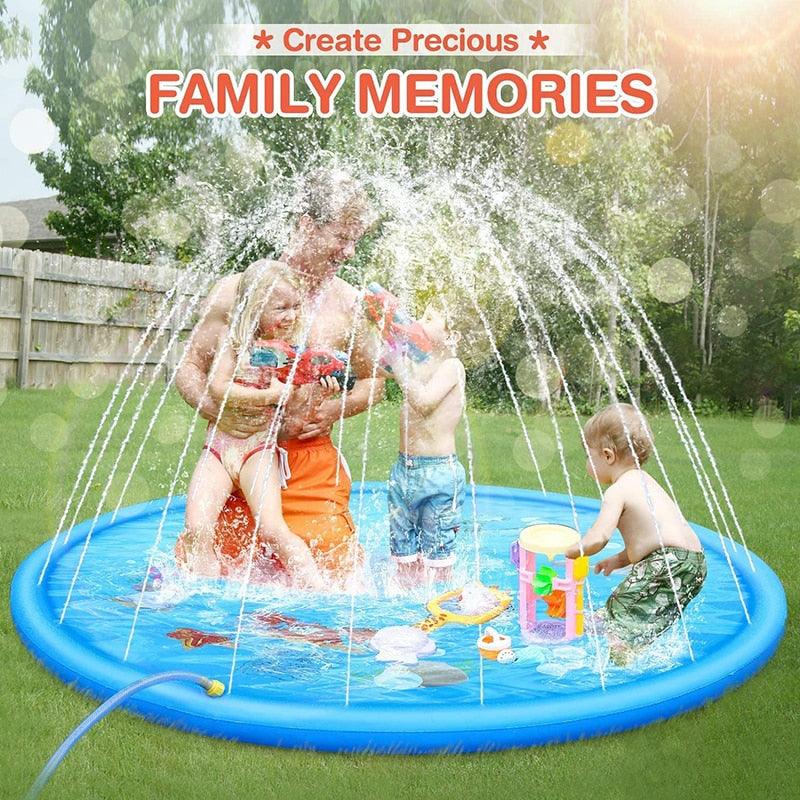 150cm Pet Play Water Spray Splash Mat Inflatable Sprinkler Cushion Pads Outdoor Garden Fountain Toy Tub Swimming Pool for Kids And Dog Portable Inflatable Water Toy Paddling Pools for Pets Inflatable Splash Sprinkler Pad