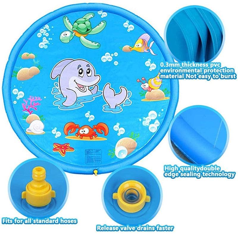 150cm Pet Play Water Spray Splash Mat Inflatable Sprinkler Cushion Pads Outdoor Garden Fountain Toy Tub Swimming Pool for Kids And Dog Portable Inflatable Water Toy Paddling Pools for Pets Inflatable Splash Sprinkler Pad