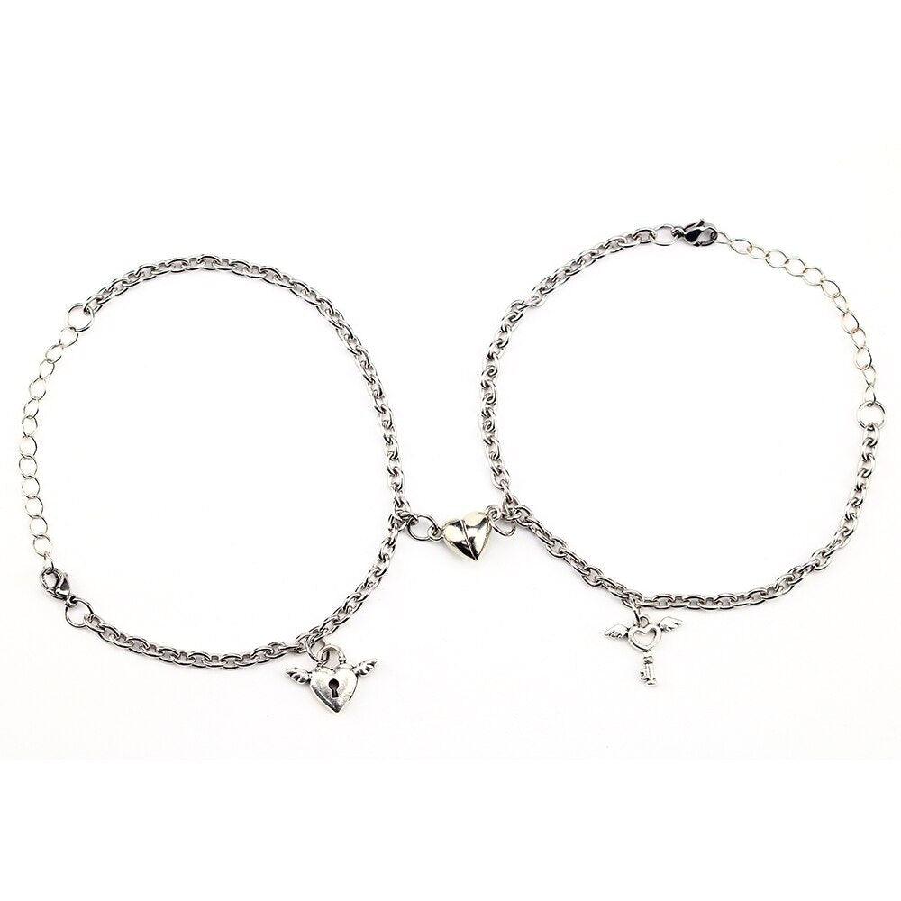 1Pair Couple Bracelets Magnetic Bracelet Heart Shaped Stainless Steel Angel Wing Love Lock Heart Charm Magnet Couples Bracelet Stainless Steel Chain Bracelets Charm Jewelry Matching Relationship Bracelets