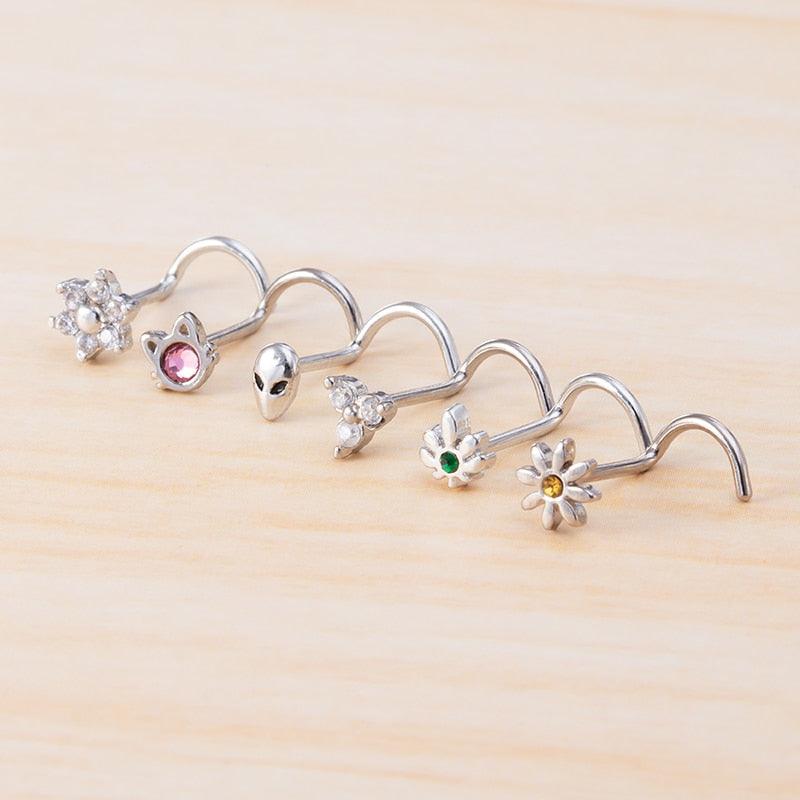 1pc CZ Crystal Nose Stud Piercing Stainless Steel Nose Rings Nostril  Ring Piercing Nose Stud Rings Screw Piercing Jewelry Nose Studs Piercing Stainless Steel Flower Cubic Zirconia Nostril Screw Nose Rings Hoop  L Shape Studs for Women Body Jewelry Gift