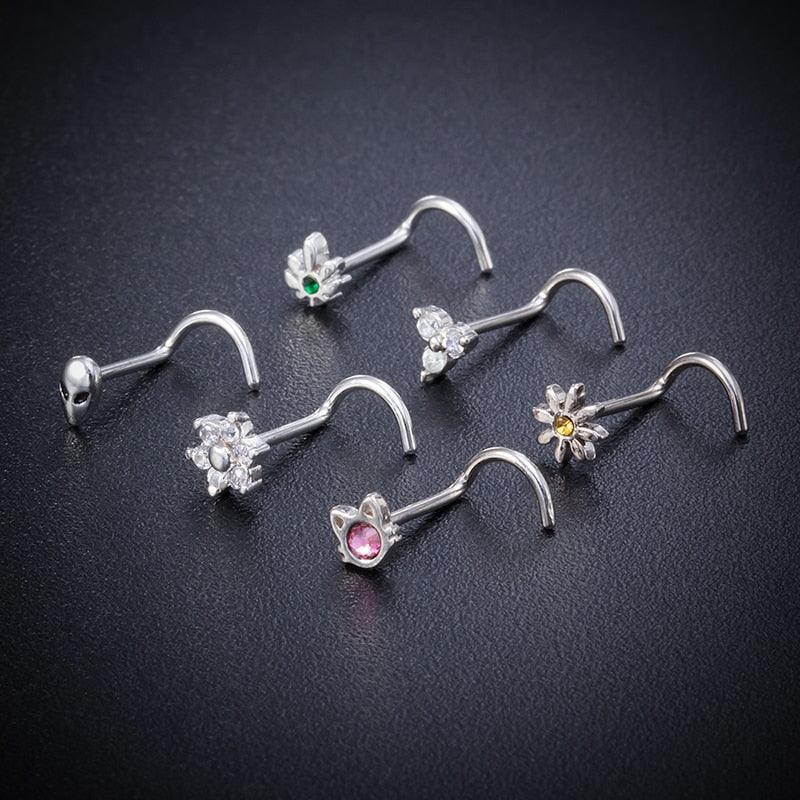 1pc CZ Crystal Nose Stud Piercing Stainless Steel Nose Rings Nostril  Ring Piercing Nose Stud Rings Screw Piercing Jewelry Nose Studs Piercing Stainless Steel Flower Cubic Zirconia Nostril Screw Nose Rings Hoop  L Shape Studs for Women Body Jewelry Gift