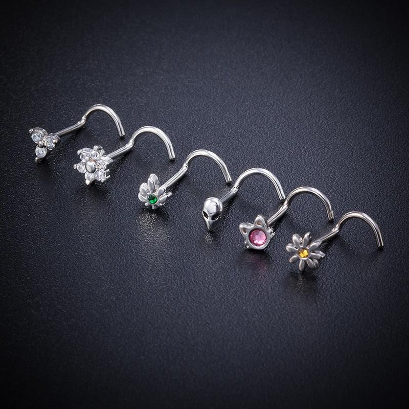 1pc CZ Crystal Nose Stud Piercing Stainless Steel Nose Rings Nostril  Ring Piercing Nose Stud Rings Screw Piercing Jewelry Nose Studs Piercing Stainless Steel Flower Cubic Zirconia Nostril Screw Nose Rings Hoop  L Shape Studs for Women Body Jewelry Gift