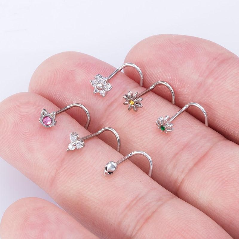 1pc CZ Crystal Nose Stud Piercing Stainless Steel Nose Rings Nostril  Ring Piercing Nose Stud Rings Screw Piercing Jewelry Nose Studs Piercing Stainless Steel Flower Cubic Zirconia Nostril Screw Nose Rings Hoop  L Shape Studs for Women Body Jewelry Gift