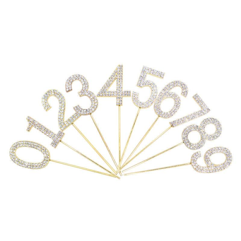 1Pc Glitter Alloy Rhinestone Number Cake Toppers Pieces Silver Glitter Number Cake Toppers Double Sided Twinkle Happy Birthday Cake Topper Cupcake Toppers For Wedding Baby Shower Birthday Decoration Wedding Gold Silver Digital Cakes Dessert Decor