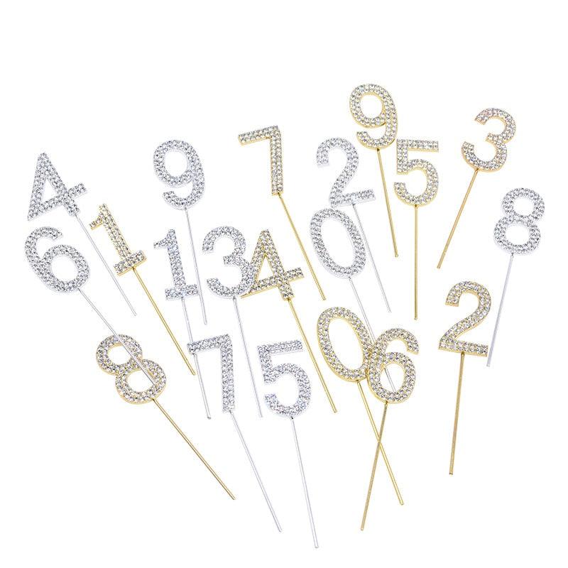 1Pc Glitter Alloy Rhinestone Number Cake Toppers Pieces Silver Glitter Number Cake Toppers Double Sided Twinkle Happy Birthday Cake Topper Cupcake Toppers For Wedding Baby Shower Birthday Decoration Wedding Gold Silver Digital Cakes Dessert Decor