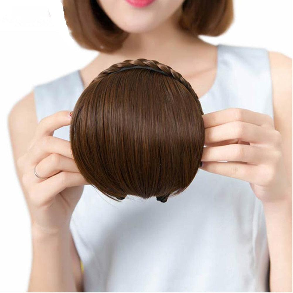 1pcs Braided Hairband Synthetic Bangs Heat Resistant Bangs Hair Extensions for Women Girls Blunt Bangs Fake Fringe Hairpieces Natural Flat Neat Bangs With Temples For Women One Piece Hairpiece