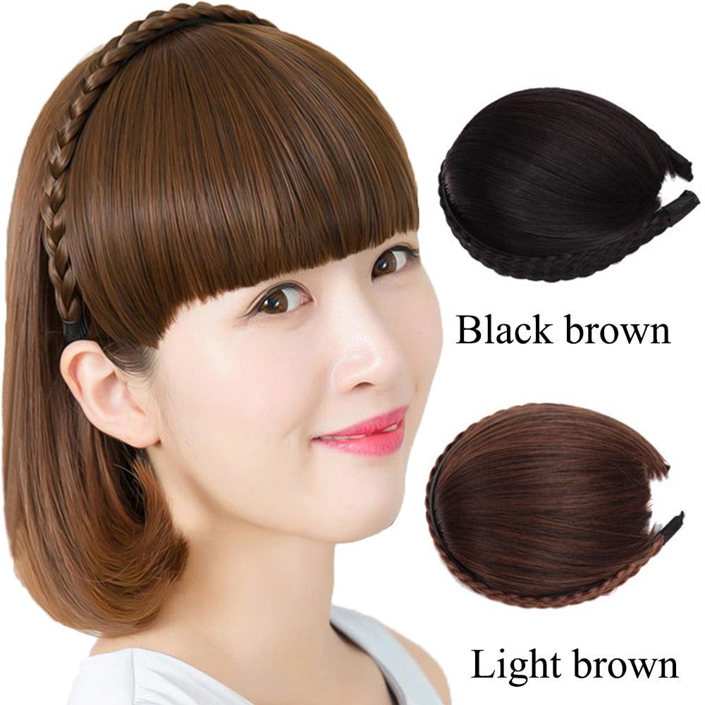 1pcs Braided Hairband Synthetic Bangs Heat Resistant Bangs Hair Extensions for Women Girls Blunt Bangs Fake Fringe Hairpieces Natural Flat Neat Bangs With Temples For Women One Piece Hairpiece