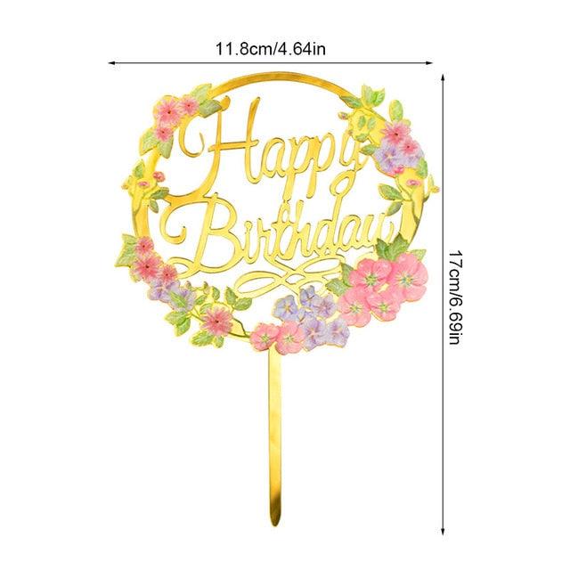 1Pcs Metal Happy Birthday Cake Topper Artificial flowers Cake Toppers Happy Birthday Cake Topper Metal And Acrylic Cake Decoration With Pink Artificial Flower Cluster For DIY Baby Shower Birthday Party Decoration Baking Decor