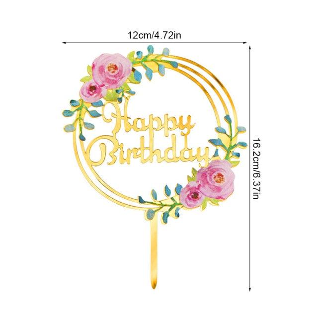 1Pcs Metal Happy Birthday Cake Topper Artificial flowers Cake Toppers Happy Birthday Cake Topper Metal And Acrylic Cake Decoration With Pink Artificial Flower Cluster For DIY Baby Shower Birthday Party Decoration Baking Decor