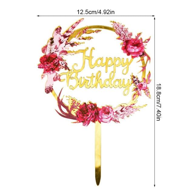 1Pcs Metal Happy Birthday Cake Topper Artificial flowers Cake Toppers Happy Birthday Cake Topper Metal And Acrylic Cake Decoration With Pink Artificial Flower Cluster For DIY Baby Shower Birthday Party Decoration Baking Decor