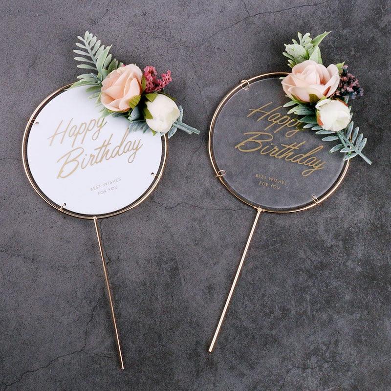 1Pcs Metal Happy Birthday Cake Topper Artificial flowers Cake Toppers Happy Birthday Cake Topper Metal And Acrylic Cake Decoration With Pink Artificial Flower Cluster For DIY Baby Shower Birthday Party Decoration Baking Decor