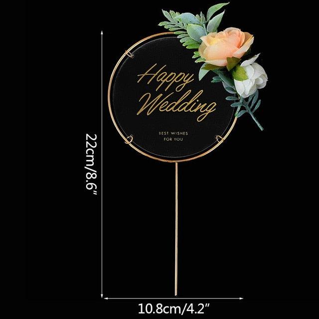 1Pcs Metal Happy Birthday Cake Topper Artificial flowers Cake Toppers Happy Birthday Cake Topper Metal And Acrylic Cake Decoration With Pink Artificial Flower Cluster For DIY Baby Shower Birthday Party Decoration Baking Decor