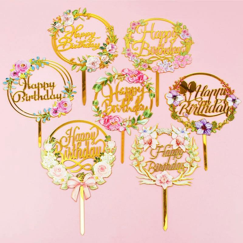 1Pcs Metal Happy Birthday Cake Topper Artificial flowers Cake Toppers Happy Birthday Cake Topper Metal And Acrylic Cake Decoration With Pink Artificial Flower Cluster For DIY Baby Shower Birthday Party Decoration Baking Decor