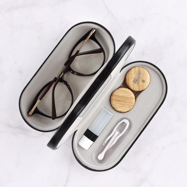 2 In 1 Portable Dual Use Glasses Case Double Layer Eyeglasses Holder Contact Lens Boxes Eyewear Accessories Contact Lens Case With Mirror Tweezers Remover 2 in 1 Double Sided Portable Contact Lens Box Holder Container Soak Storage Kit Sunglasses Pouch