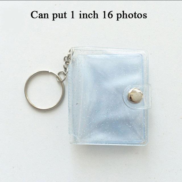 2 Inch Photo Album PVC Sequins Transparent Sticker & Name Card Holder 16 Pockets Photo Holder Business Card Bag Mini Photo Holds Photos with Key Chain Album Gifts