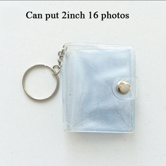 2 Inch Photo Album PVC Sequins Transparent Sticker & Name Card Holder 16 Pockets Photo Holder Business Card Bag Mini Photo Holds Photos with Key Chain Album Gifts