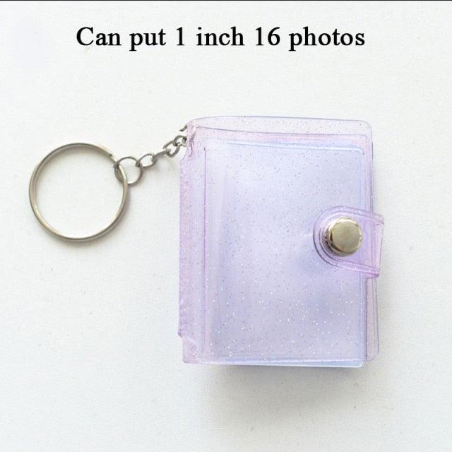 2 Inch Photo Album PVC Sequins Transparent Sticker & Name Card Holder 16 Pockets Photo Holder Business Card Bag Mini Photo Holds Photos with Key Chain Album Gifts