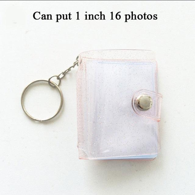 2 Inch Photo Album PVC Sequins Transparent Sticker & Name Card Holder 16 Pockets Photo Holder Business Card Bag Mini Photo Holds Photos with Key Chain Album Gifts