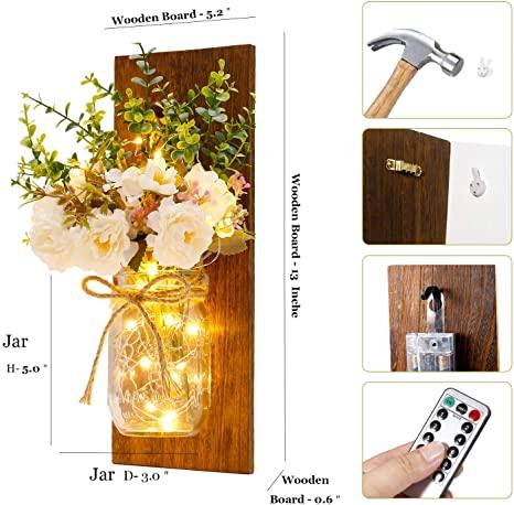 2 Pack Rustic  Jar Fairy Strip Lights Wall Decor Hydrangea Sconces Decorative Home Chic Hanging LED FlowersHanging Design with Remote Control LED Fairy Lights and White Peony, Farmhouse Kitchen Decorations Wall Home Decor Living Room Lights Set of Two