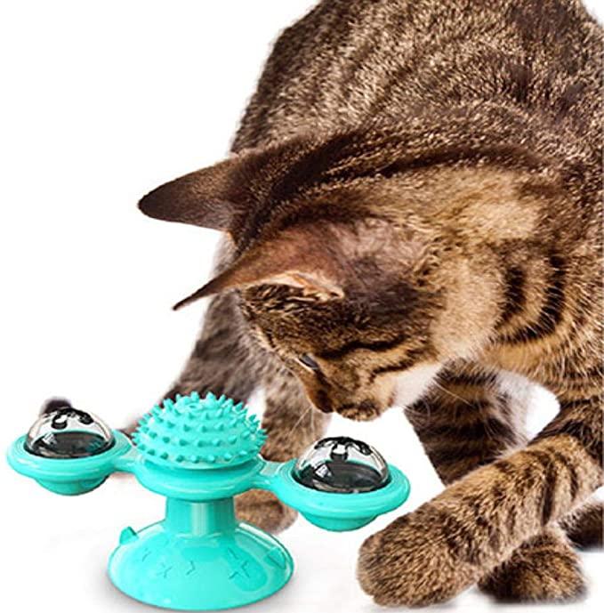 2 PCS Set Interactive Cat Toy Windmill Portable Scratch Hair Brush Grooming Shedding Massage Suction Cup Catnip Cats Puzzle Training Toy Portable Turntable Rotating Cat Toy Scratching Tickle Hair Brush